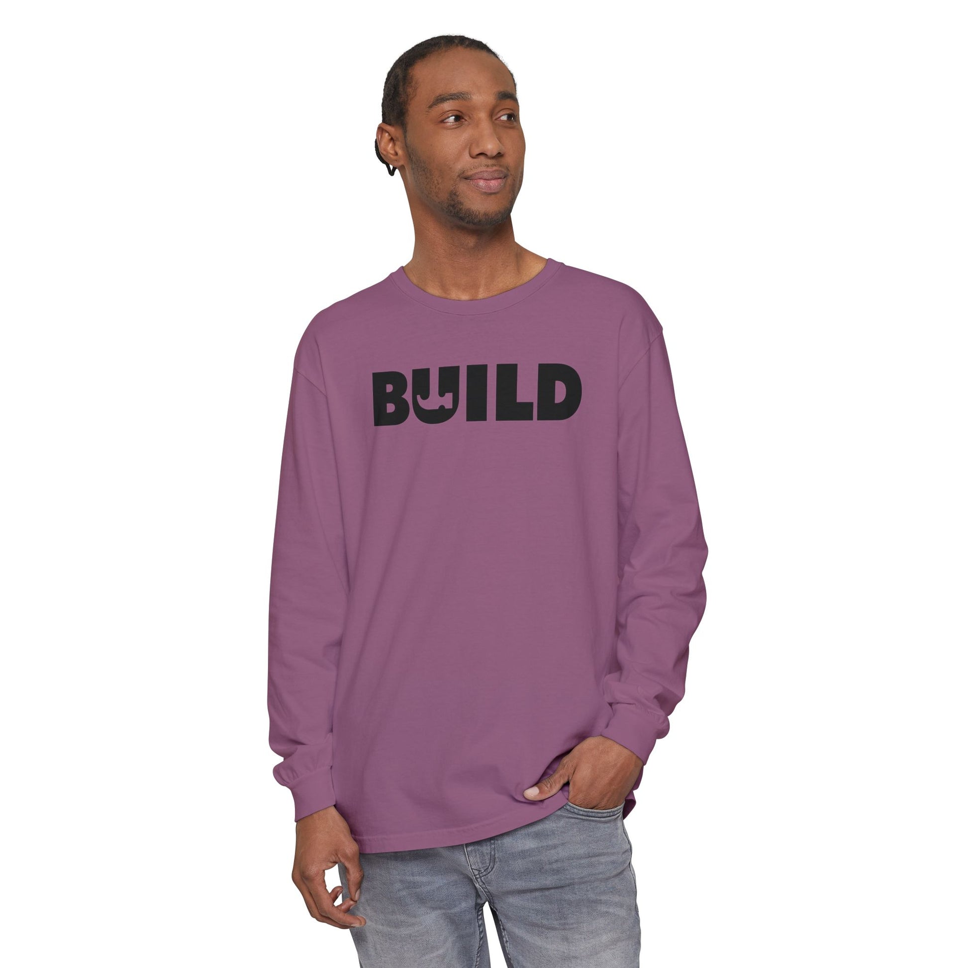 DIY BUILD Long Sleeve T-Shirt — Bold Statement Tee for Makers & Creators (Black Text)