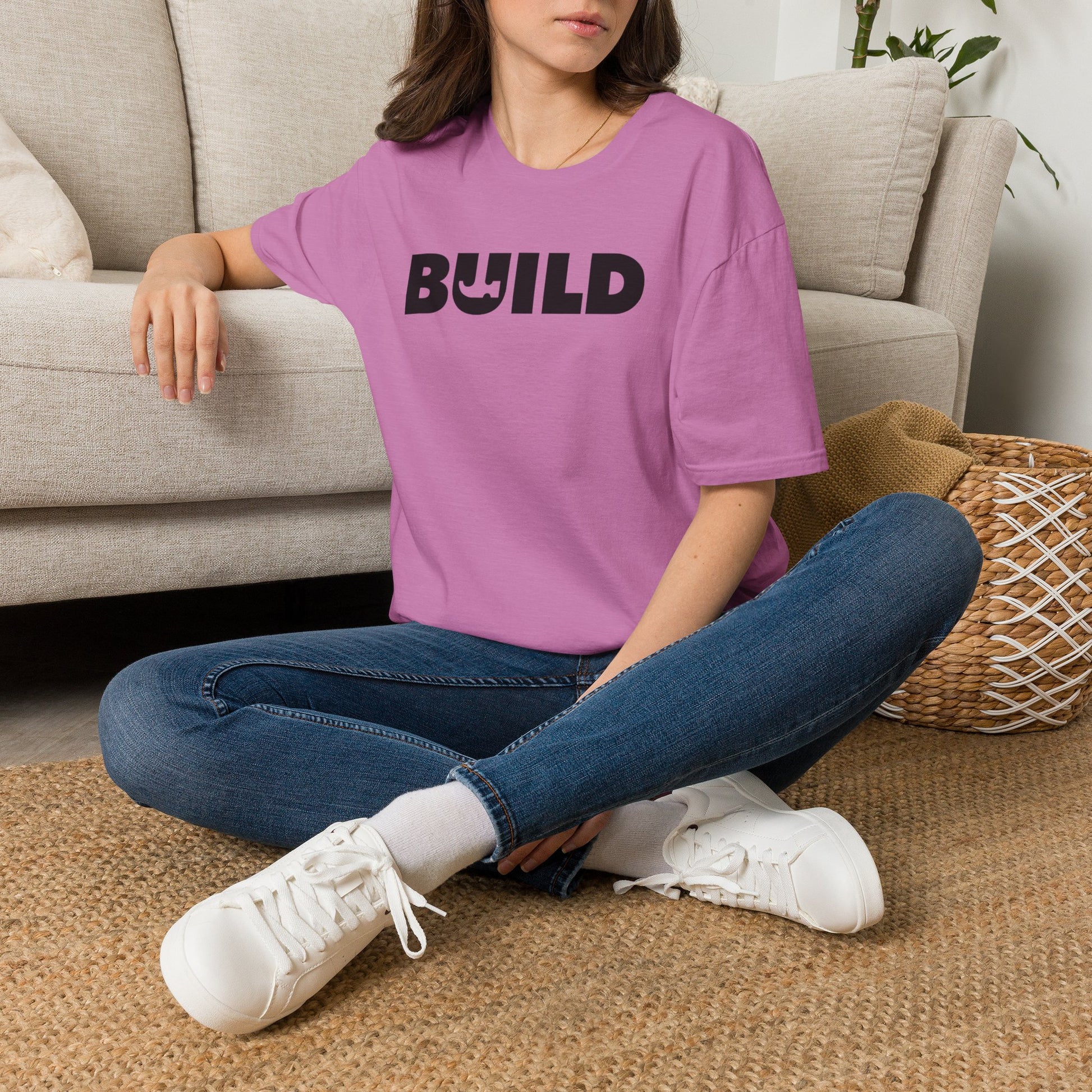 BUILD Graphic T‑Shirt - Bold Statement Tee for Makers and Creators (Orchid with Black Text)