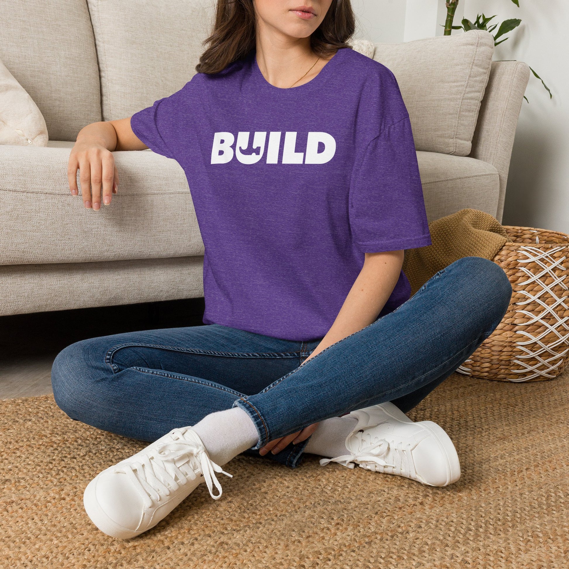 BUILD Graphic T‑Shirt - Bold Statement Tee for Makers and Creators (Purple with White Text)