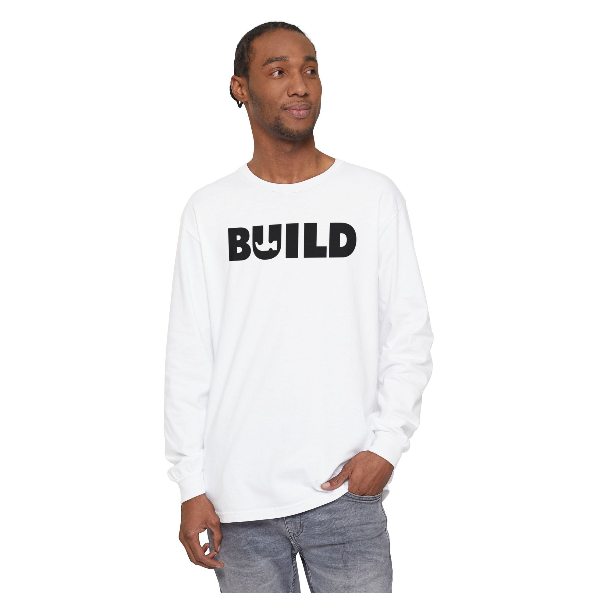 DIY BUILD Long Sleeve T-Shirt — Bold Statement Tee for Makers & Creators (Black Text)
