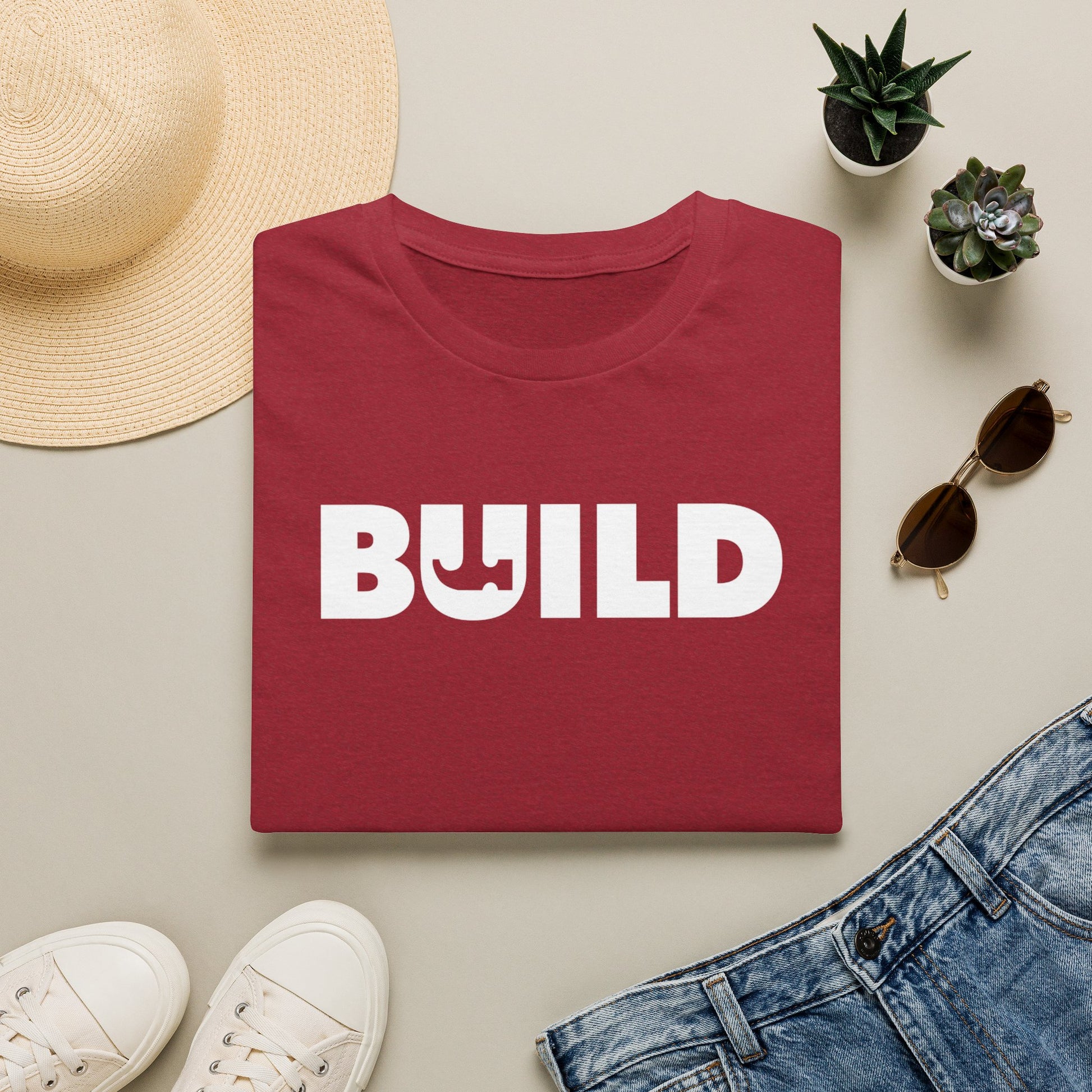 BUILD Graphic T‑Shirt - Bold Statement Tee for Makers and Creators (Red with White Text)
