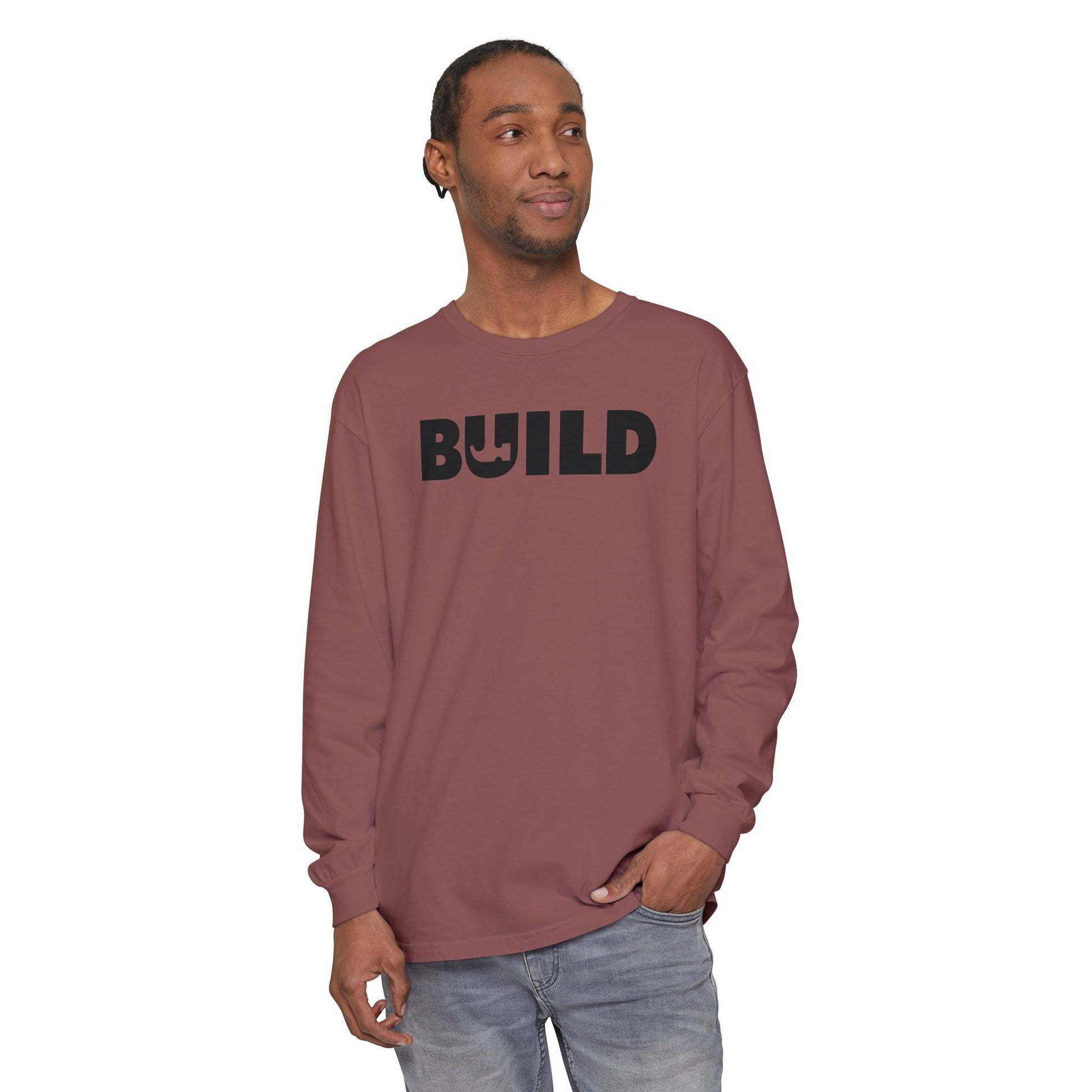 DIY BUILD Long Sleeve T-Shirt — Bold Statement Tee for Makers & Creators (Black Text)