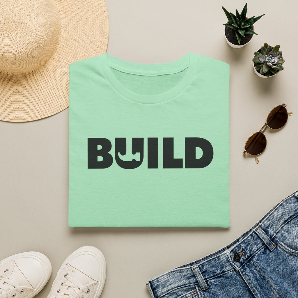 BUILD Graphic T‑Shirt - Bold Statement Tee for Makers and Creators (Mint with Black Text)