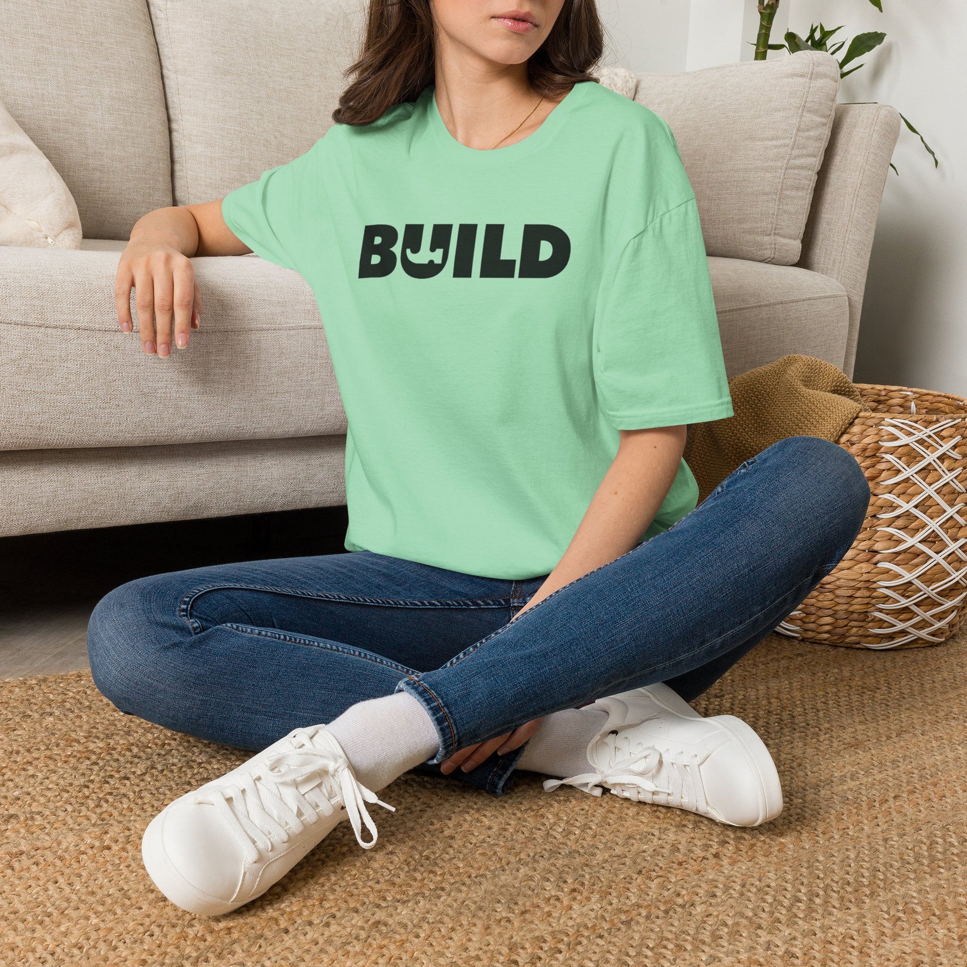 BUILD Graphic T‑Shirt - Bold Statement Tee for Makers and Creators (Mint with Black Text)