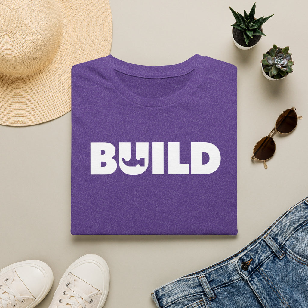 BUILD Graphic T‑Shirt - Bold Statement Tee for Makers and Creators (Purple with White Text)