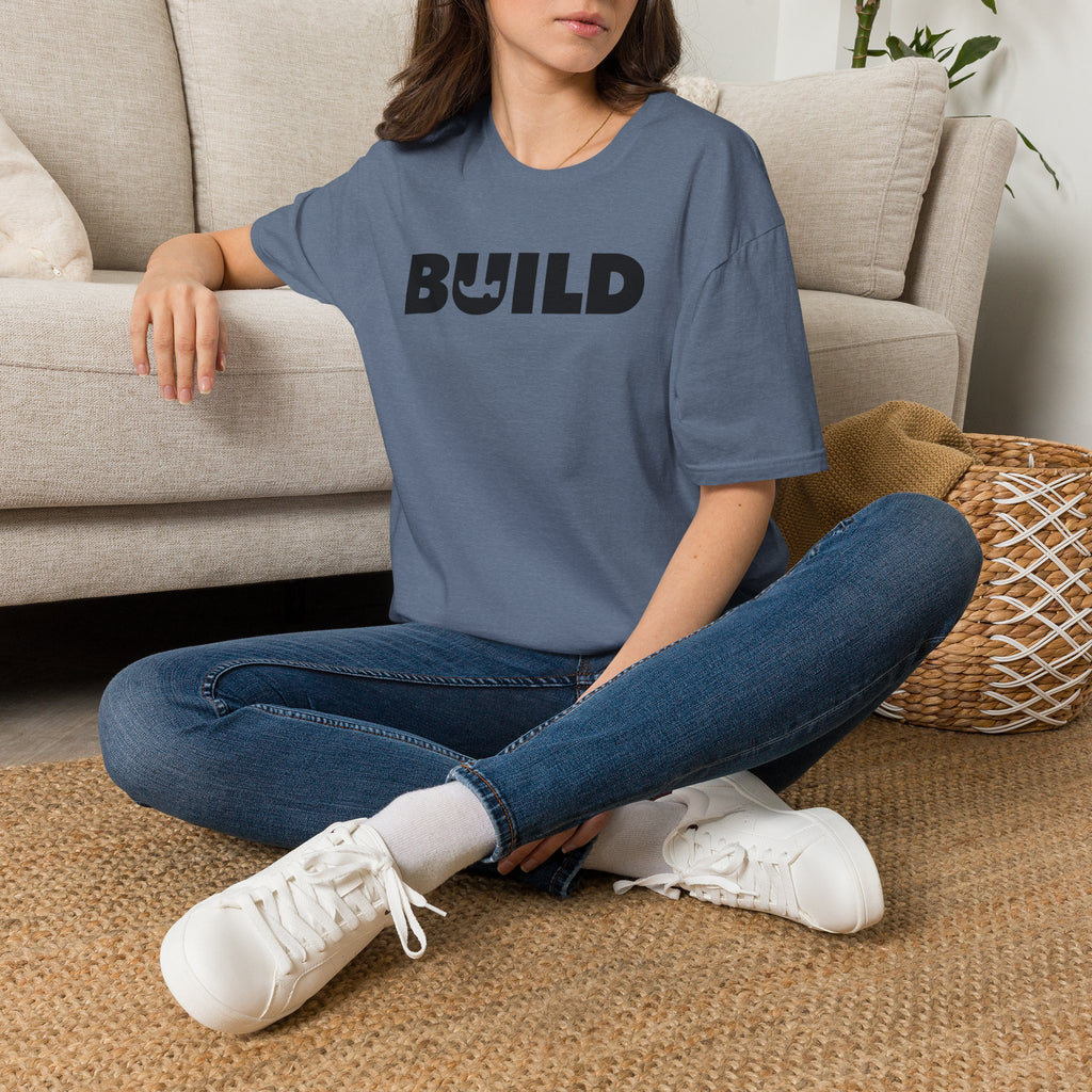 BUILD Graphic T‑Shirt - Bold Statement Tee for Makers and Creators (Indigo with Black Text)