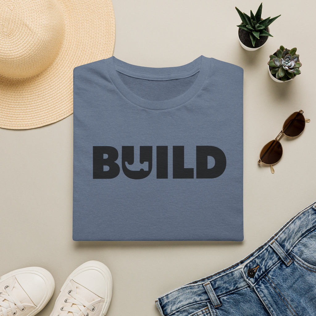 BUILD Graphic T‑Shirt - Bold Statement Tee for Makers and Creators (Indigo with Black Text)