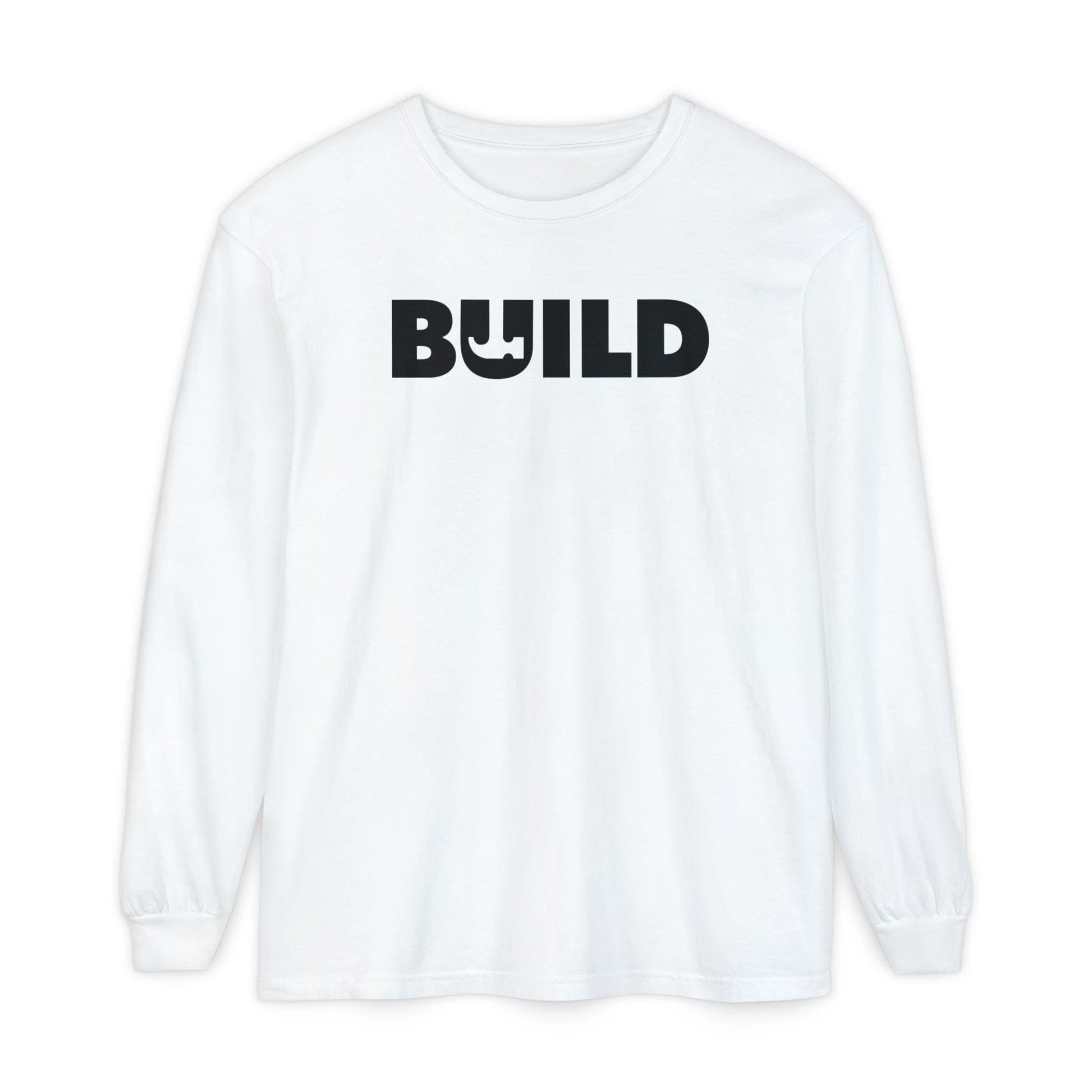 DIY BUILD Long Sleeve T-Shirt — Bold Statement Tee for Makers & Creators (Black Text)