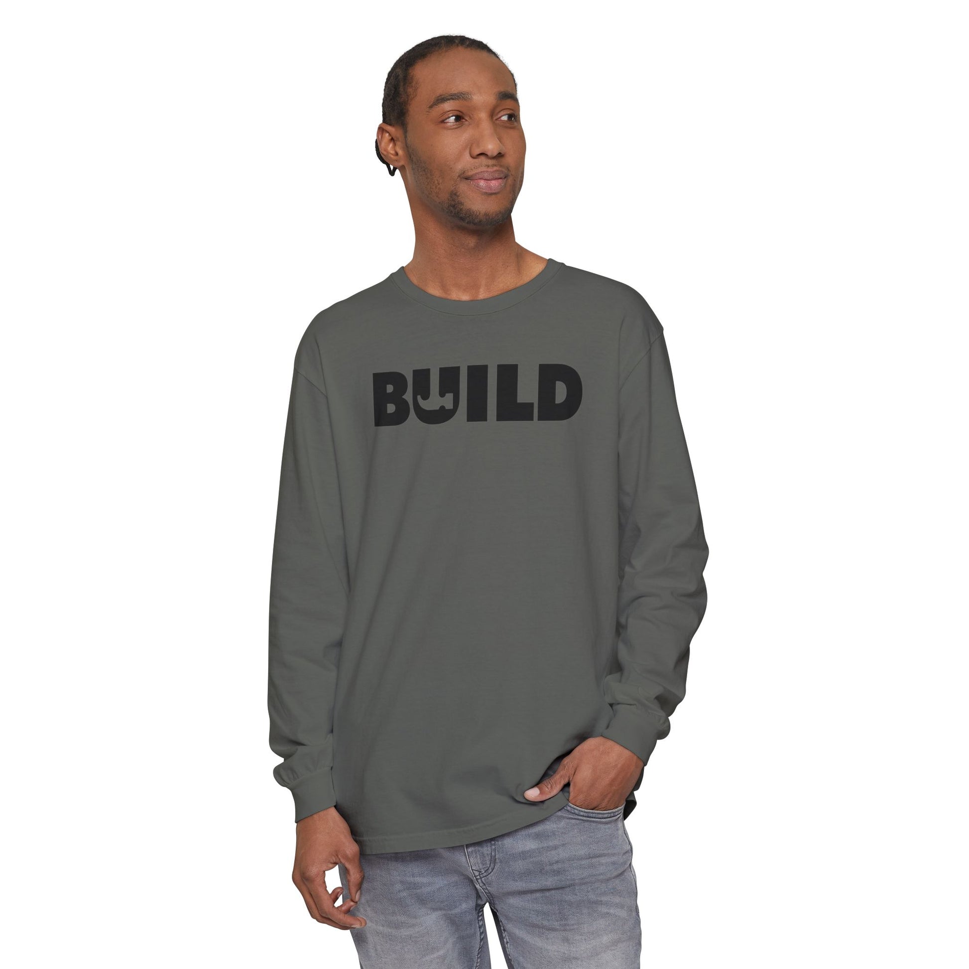 DIY BUILD Long Sleeve T-Shirt — Bold Statement Tee for Makers & Creators (Black Text)