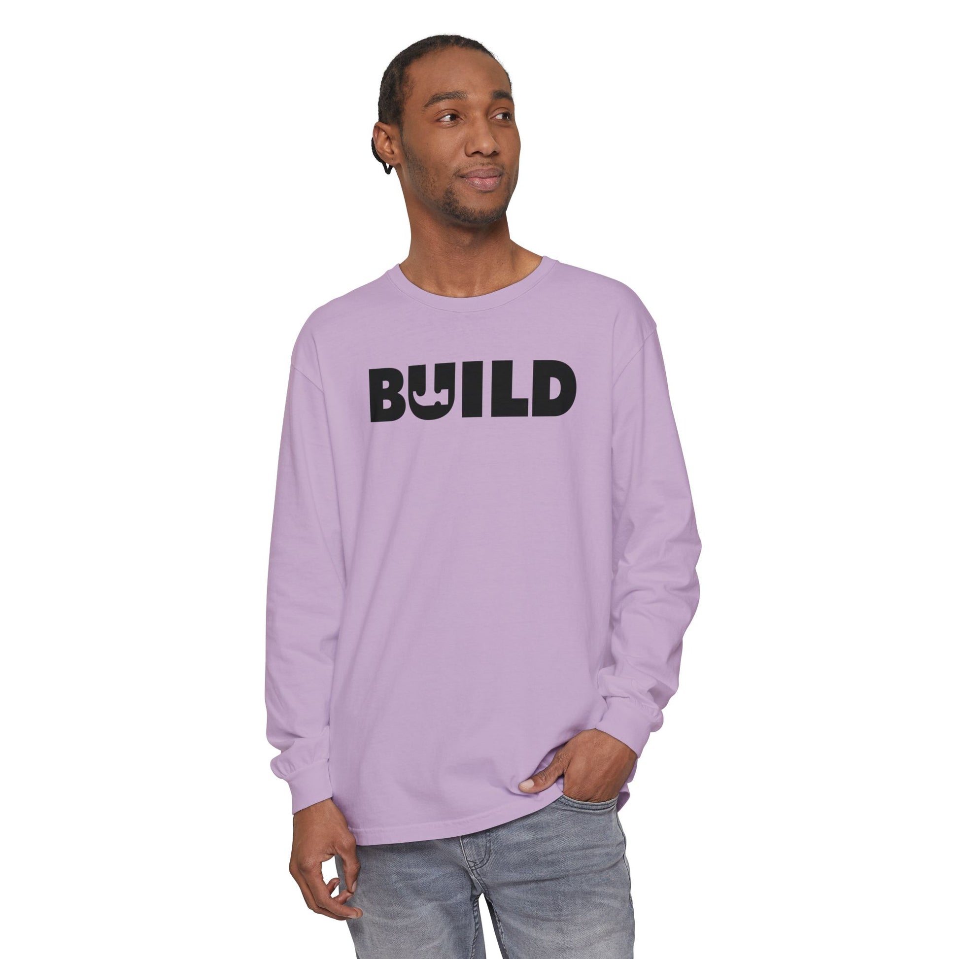 DIY BUILD Long Sleeve T-Shirt — Bold Statement Tee for Makers & Creators (Black Text)