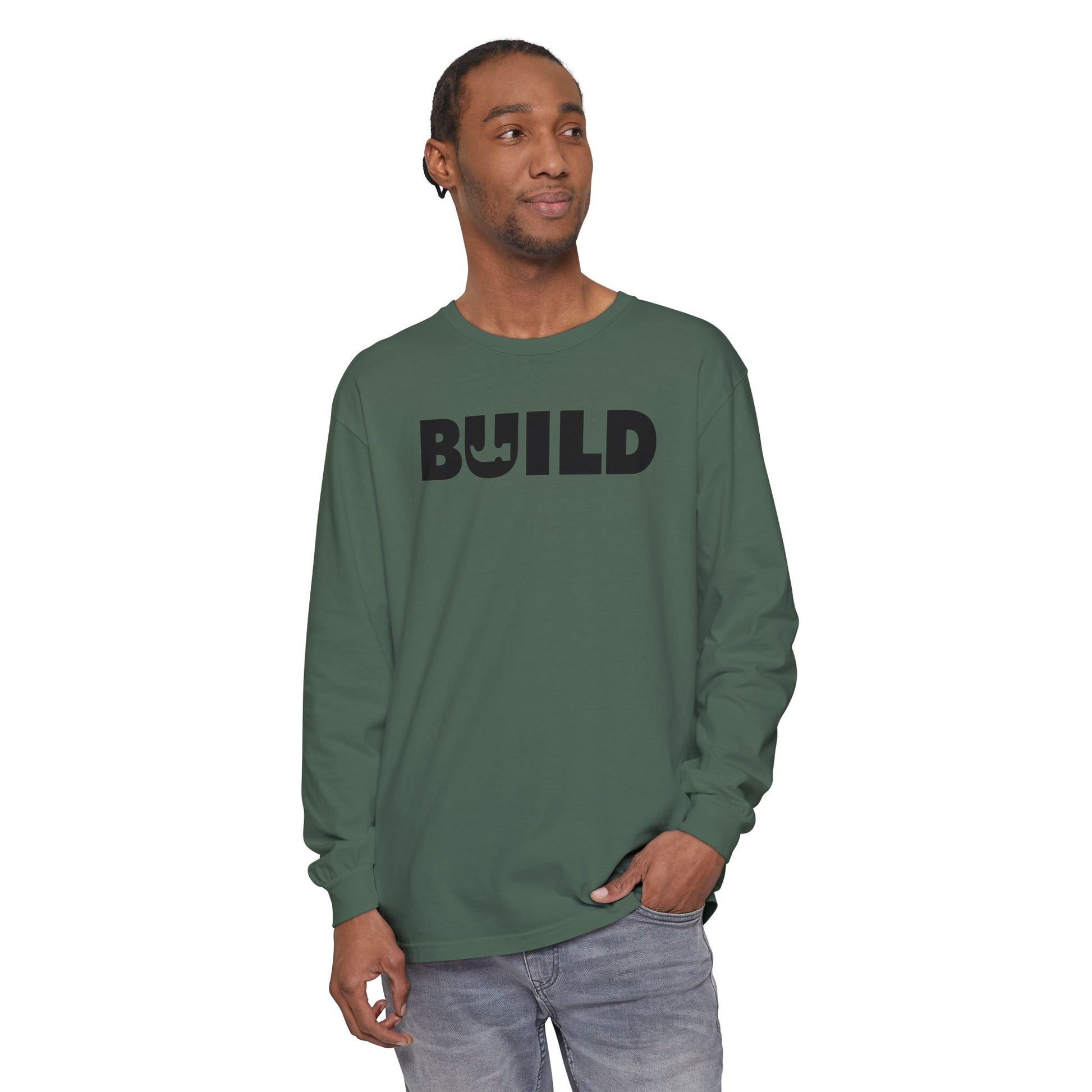 DIY BUILD Long Sleeve T-Shirt — Bold Statement Tee for Makers & Creators (Black Text)