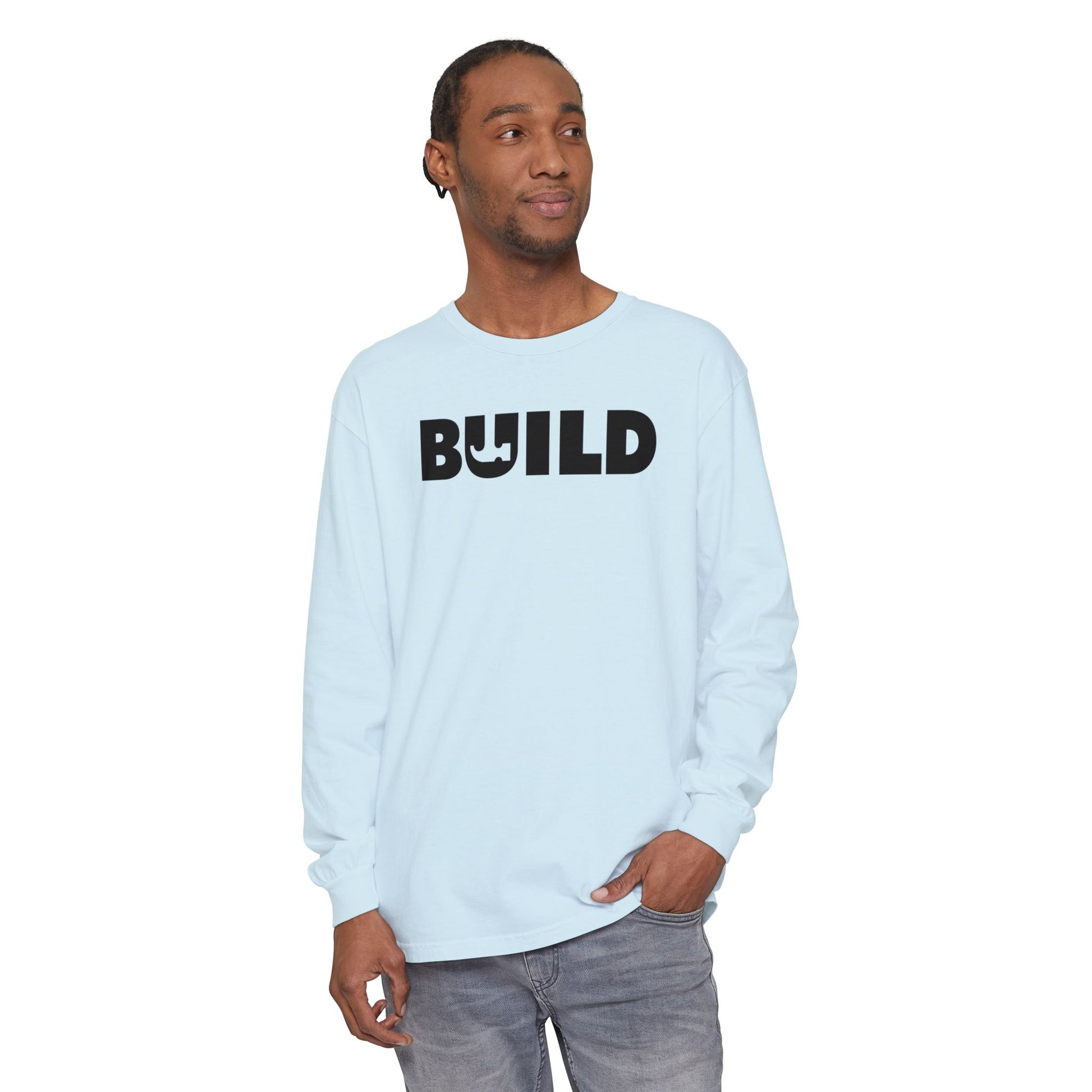 DIY BUILD Long Sleeve T-Shirt — Bold Statement Tee for Makers & Creators (Black Text)